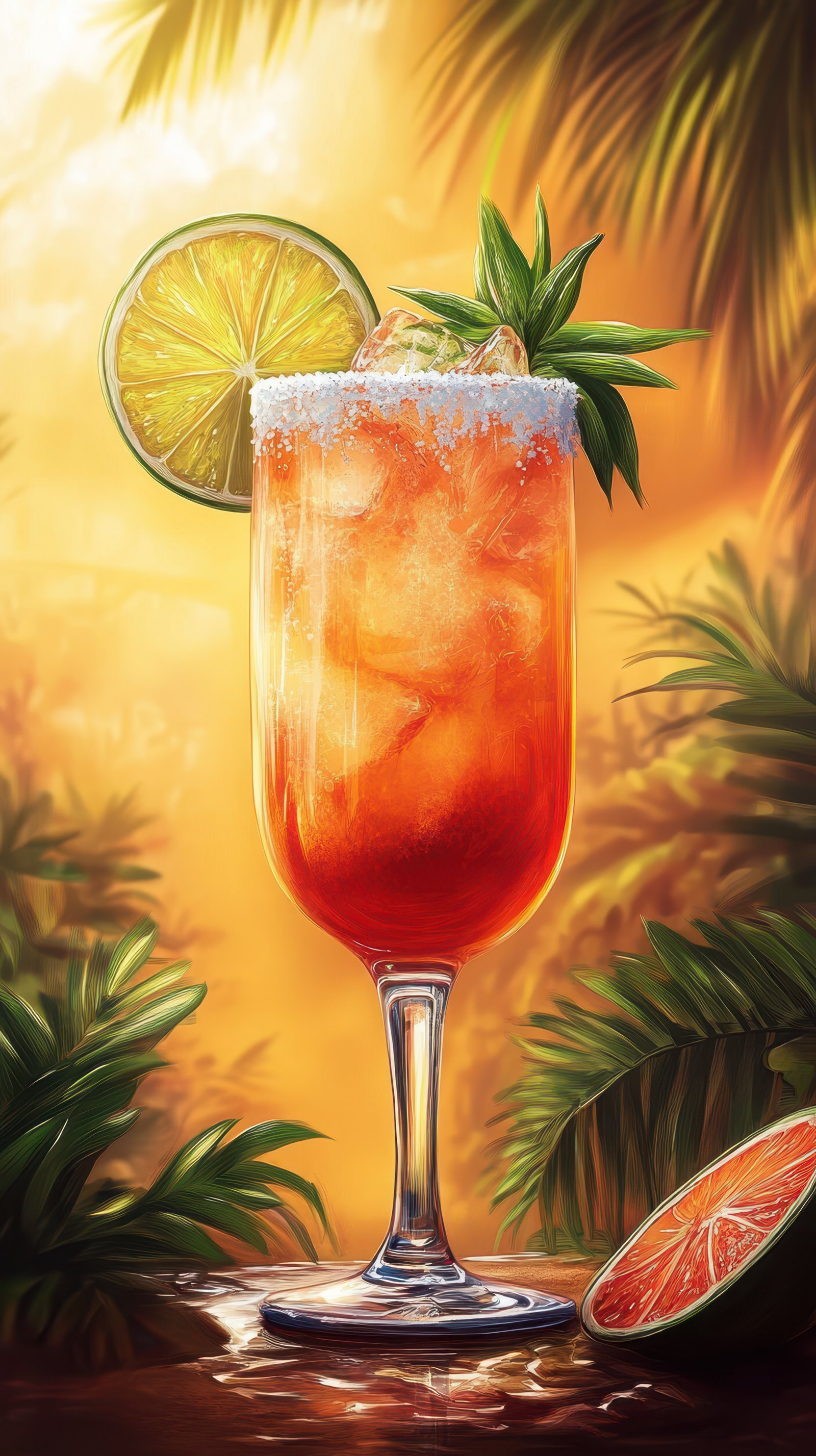 Tropical cocktail with citrus garnish on a warm sunset backdrop in a lush environment